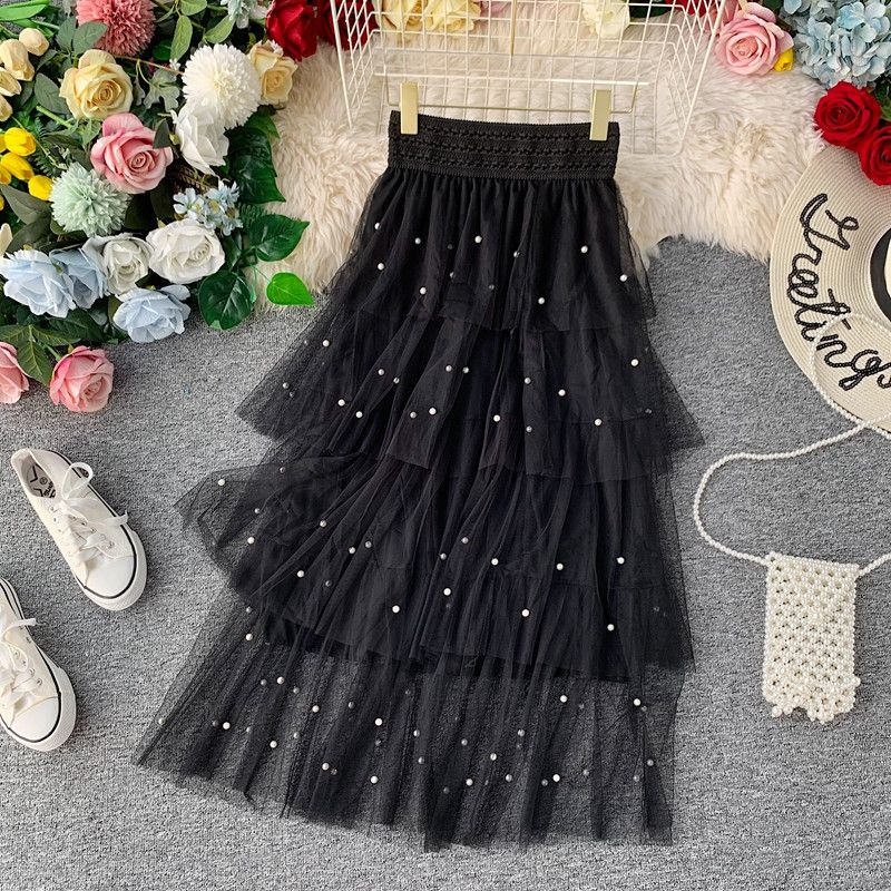 [IMPORT] Rok Panjang Tutu Umpak Mutiara Bordir Hitam / Tulle Tile Long Skirt Layered Pearl Black Emb