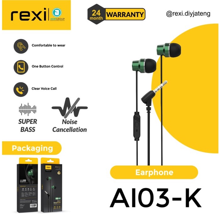 Earphone REXI Metal AI03-K In-Ear Handsfree 3D Stereo Sound Original Rexi AI03K hendset