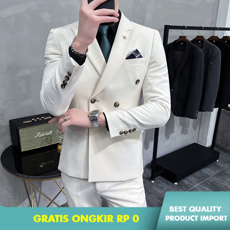 Jas Pria   Setelan British Slim-Fit Double-Breasted Setelan Jas Tiga Potong Perjamuan Pernikahan Fot