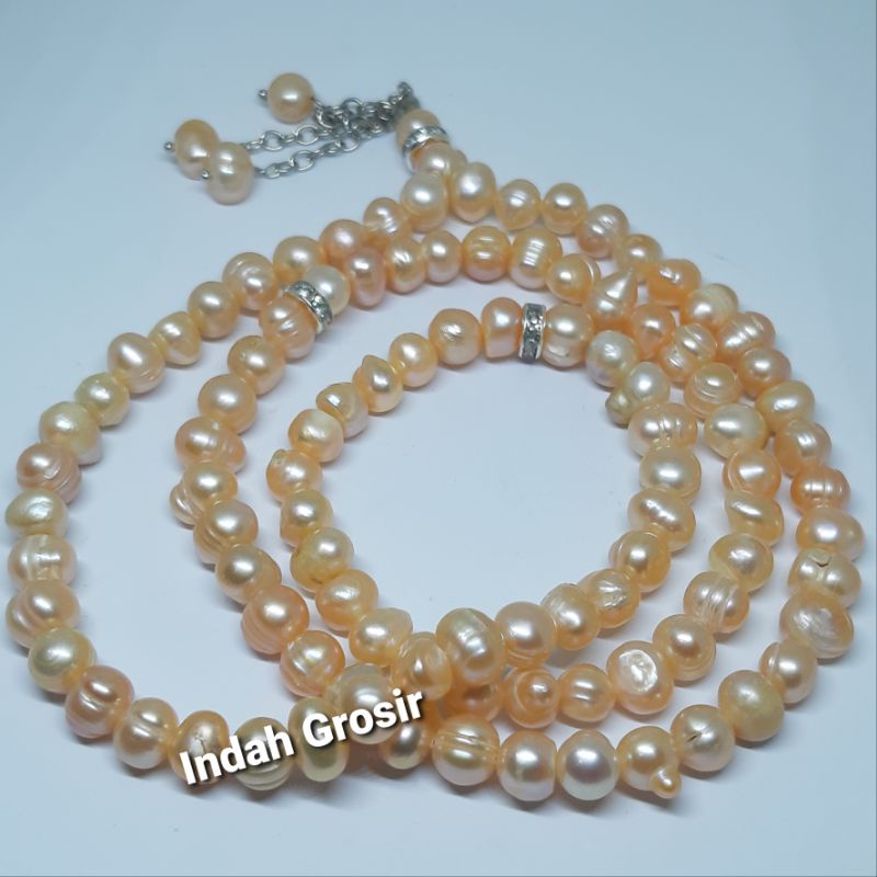 TASBIH MUTIARA ASLI BERKILAU 99BUTIR 7MM WARNA PEACH