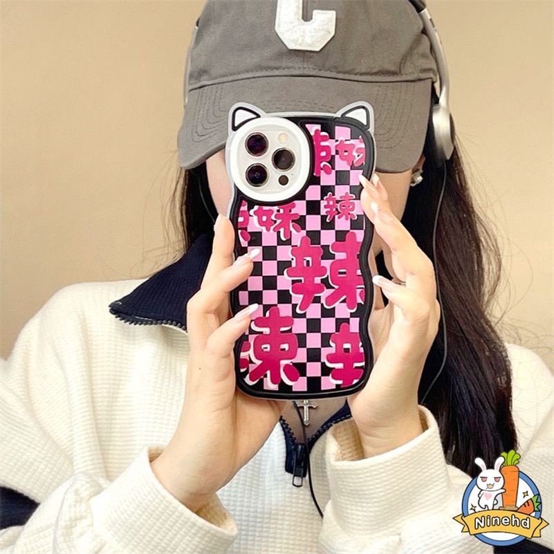 IPHONE Casing Kompatibel Untuk Iphone14 13 12 11 Pro Max X Xr Xs Max8 7 6 6s Plus SE 2020 Korea Motif Kisi Rose Pink Casing Ponsel Bumper Shockproof Silicone Soft Case Cover Pelindung