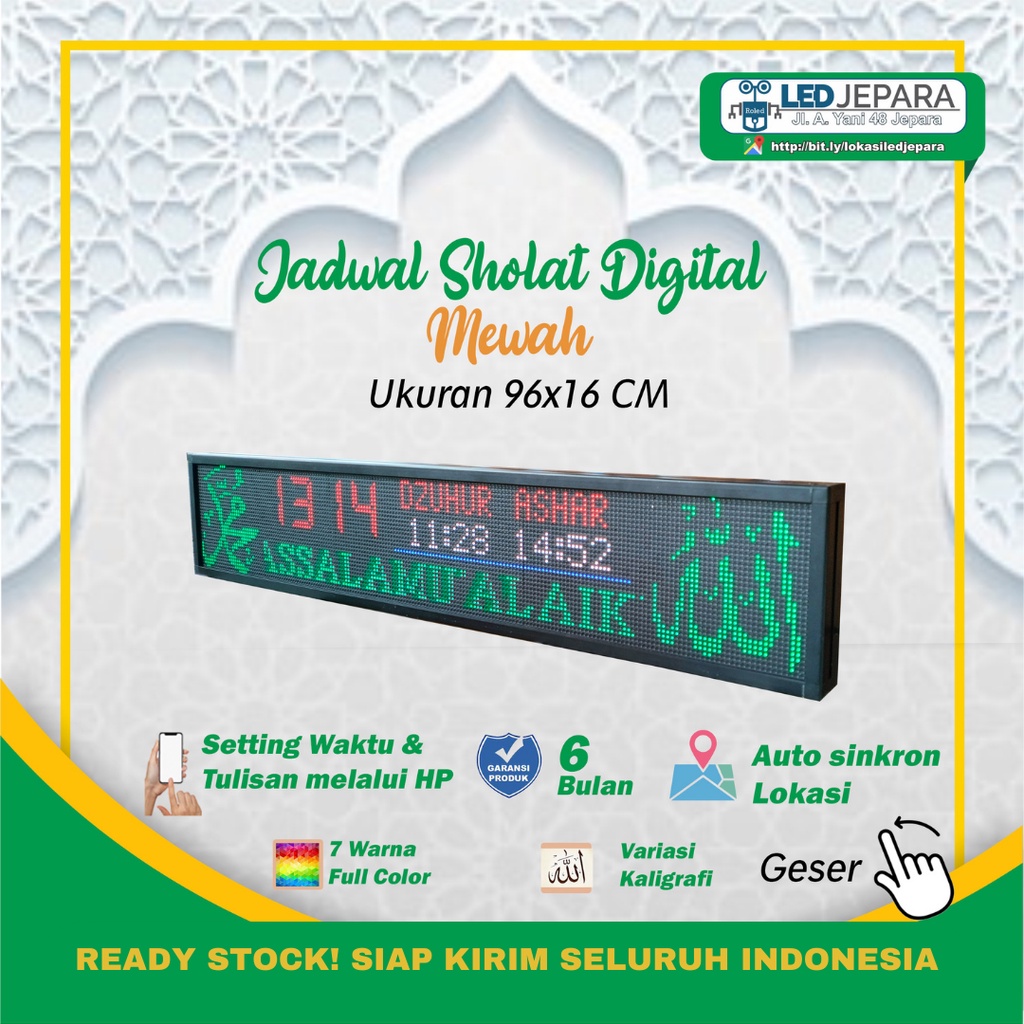 Jadwal Sholat Digital Jam Masjid Digital Ukuran 96x16 P5 Full Color Setting HP