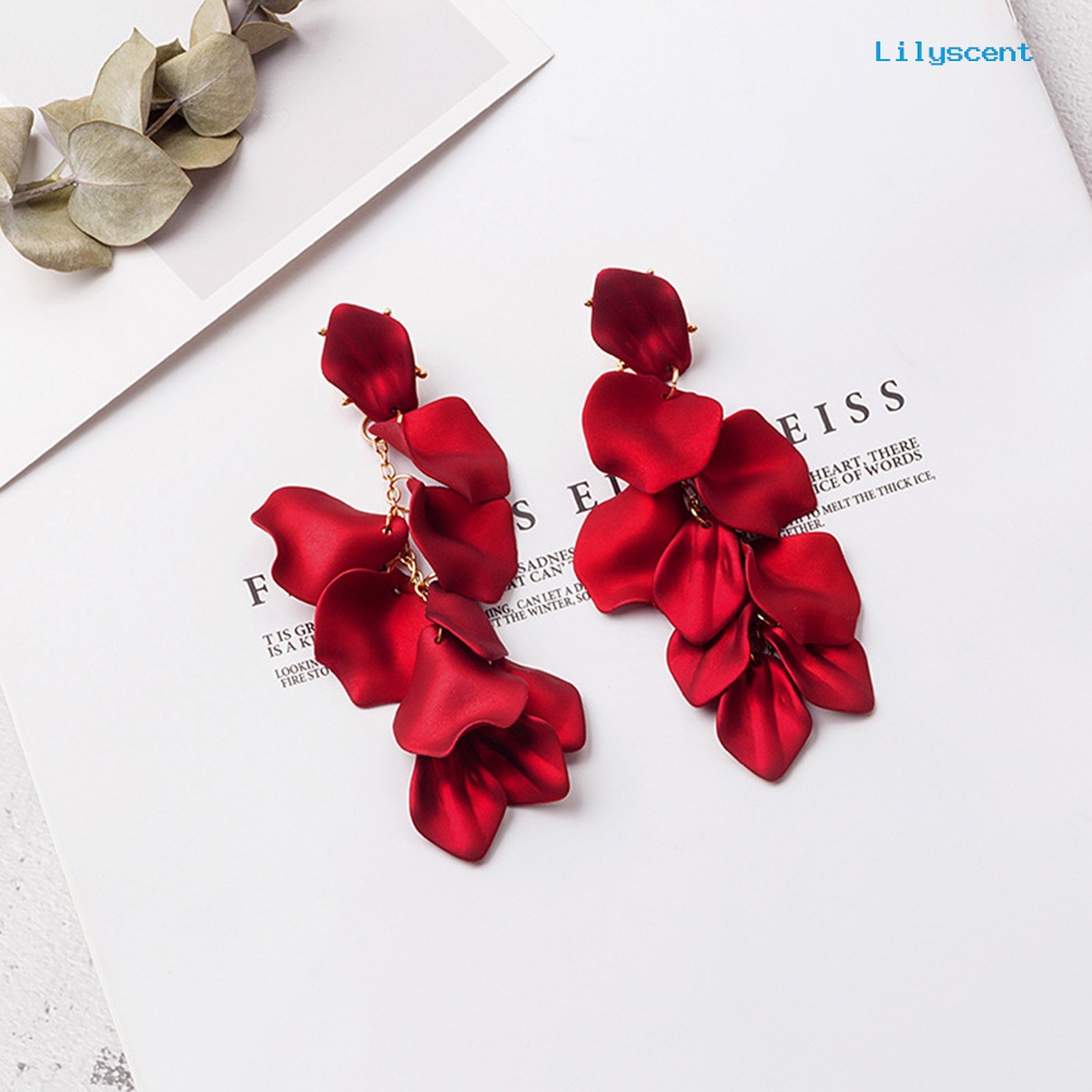 [LS] Vintage Lady Resin Rose Kelopak Bunga Menjuntai Panjang Telinga Stud Earrings Perhiasan Hadiah