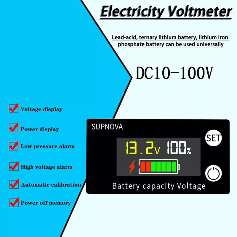 Supnova Voltmeter Indikator Kapasitas Baterai Supnova 8V-100V dengan Pengukuran Suhu dan Alarm