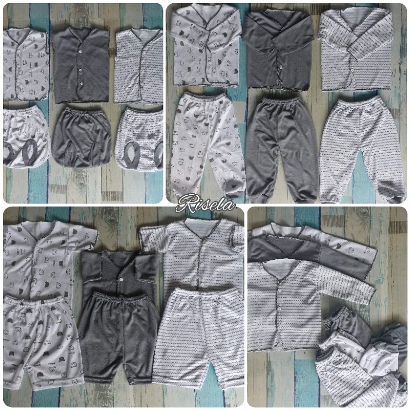 Set 18 Pcs Baju Celana Bayj Newborn Warna Abu Lembut Motif Lucu