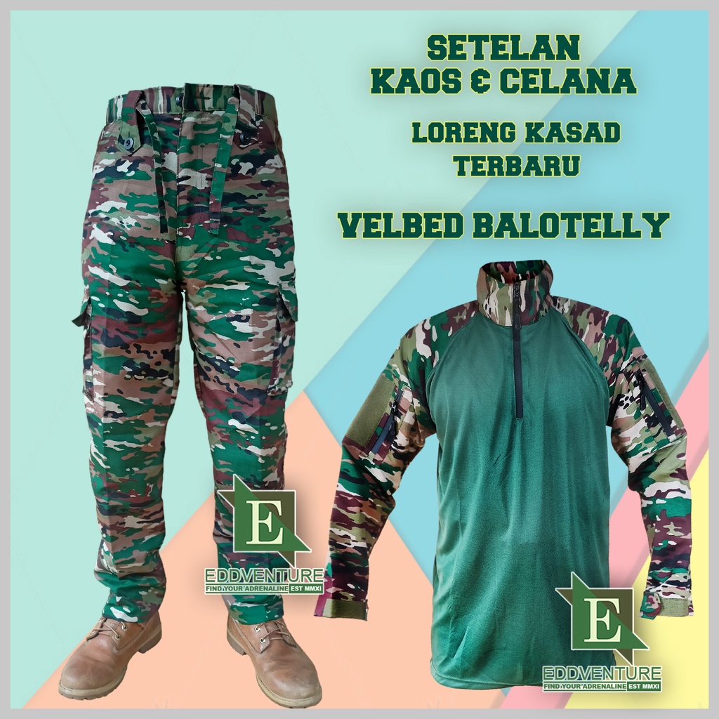 Satu Set Setelan Pakaian Seragam Celana Pdl Kargo Baju Kaos Bdu Velcro Dry Fit Velbed Balotelly Panjang Loreng Kasad Terbaru Pria Wanita Tentara Militer Prajurit TNI AD TAD