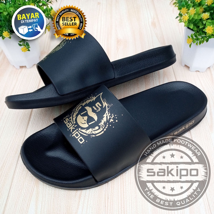 PROMO 2.2 COD SALE !! SANDAL DISTRO PRIA DEWASA REMAJA SLIDE HITAM EMAS TRENDI KEKINIAN RINGAN NYAMAN DIPAKAI / SANDAL TAHAN AIR TRENDI  / SAKIPO