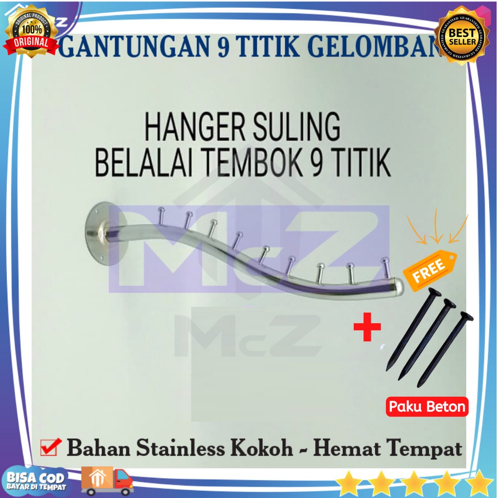GANTUNGAN BAJU 9 TITIK GELOMBANG P=30Cm Stainless Bonus Paku Beton - Tempat Gantungan Baju Dinding B