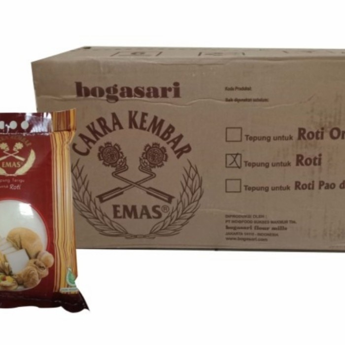 

1dus isi 6pcs Tepung Terigu Cakra Kembar Emas Bogasari (Roti) @5kg