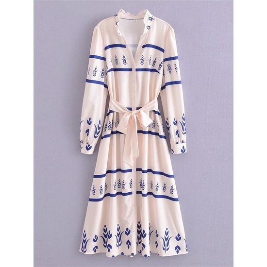 Maxi Dress With Belt Motif Bunga Biru Putih Import