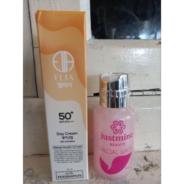 PAKET JUSTMINE facial wash+day cream elia spf 50++ (exp elia maret 2023)