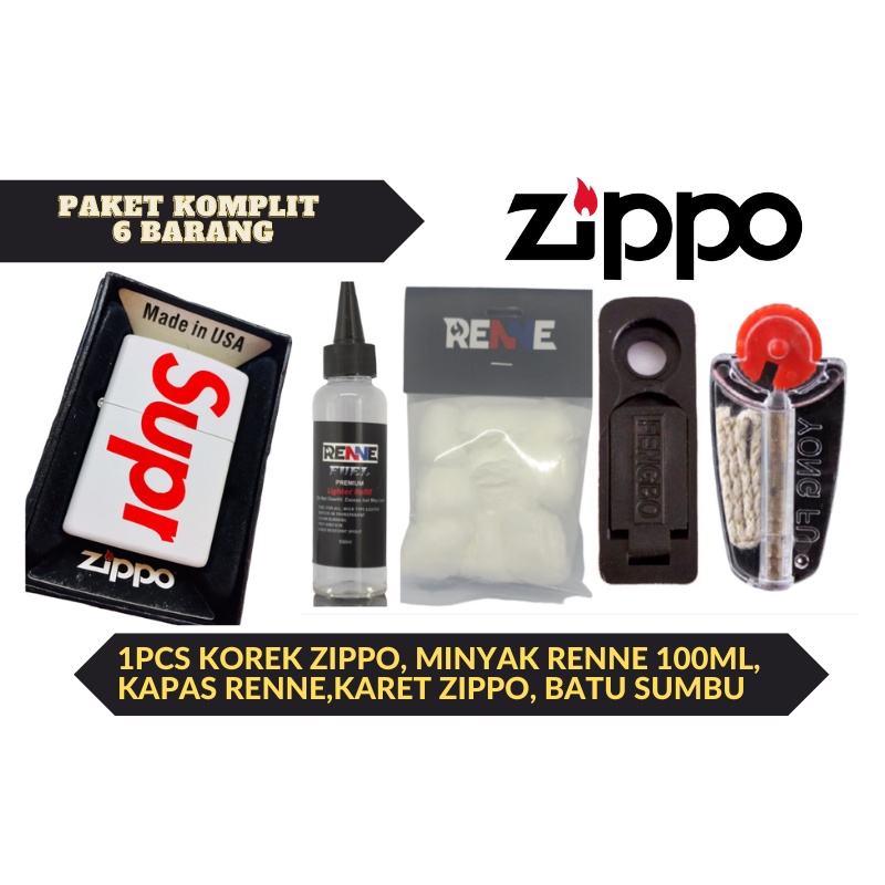 Paket Lengkap Korek Api Zippo Putih Supreme plus minyak kapas batu sumbu karet tutup zippo