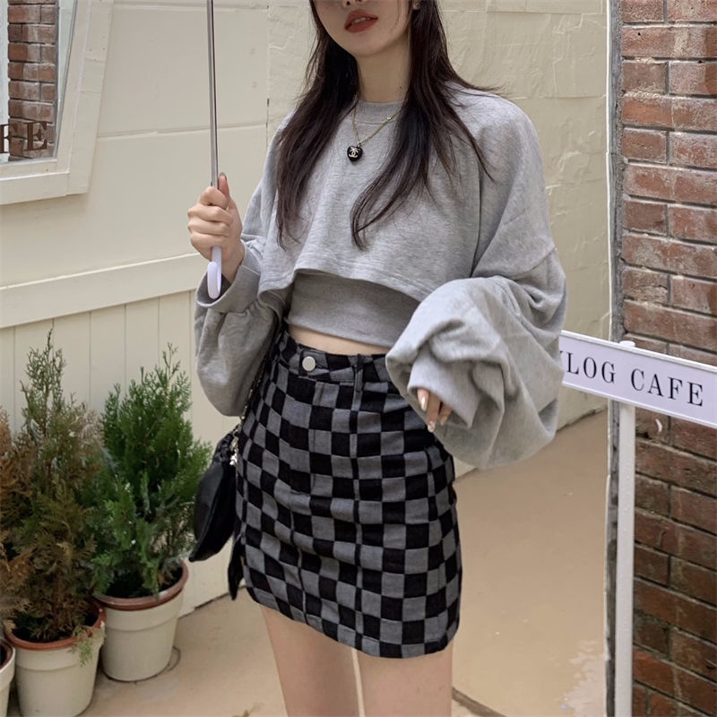 ❍♗☄Sweter pakaian wanita musim gugur pendek pullover longgar lengan panjang jaket suspender dengan bottoming kemeja merah muda atasan dua potong