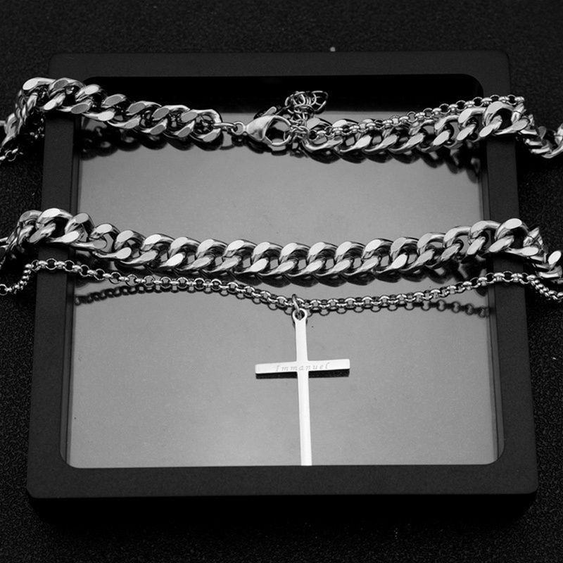 Stainless Steel Berlian Salib Kuba Kalung Pria Hip-Hop Double Layer Klavikula Rantai Aksesoris Pasang