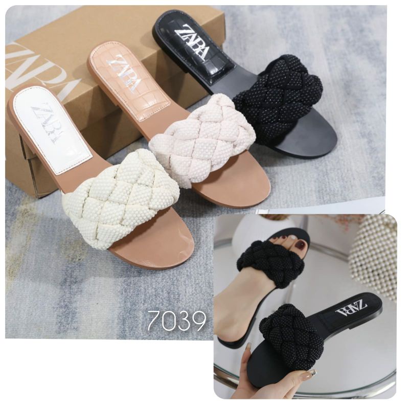 Sandal Zr wanita import flat pearl woven slide Cristal  kode 7039