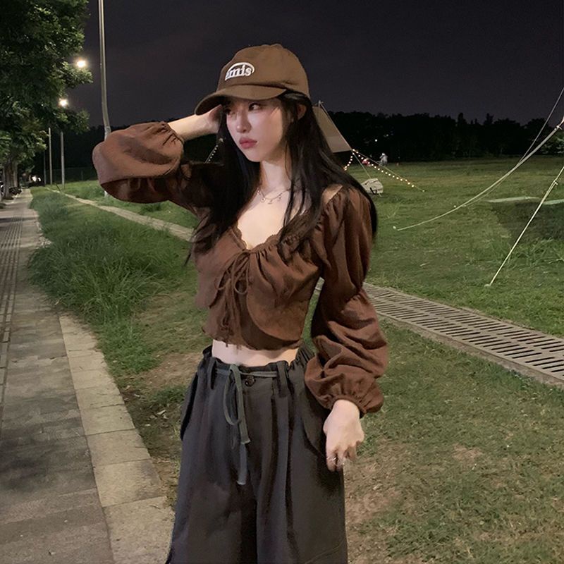 Red Perguruan Tinggi Sayang Renda Sling Lengan Panjang Blus Dua Potong Set Wanita Awal Musim Gugur Baru Gadis Panas Rasa Desain lengan Panjang Top