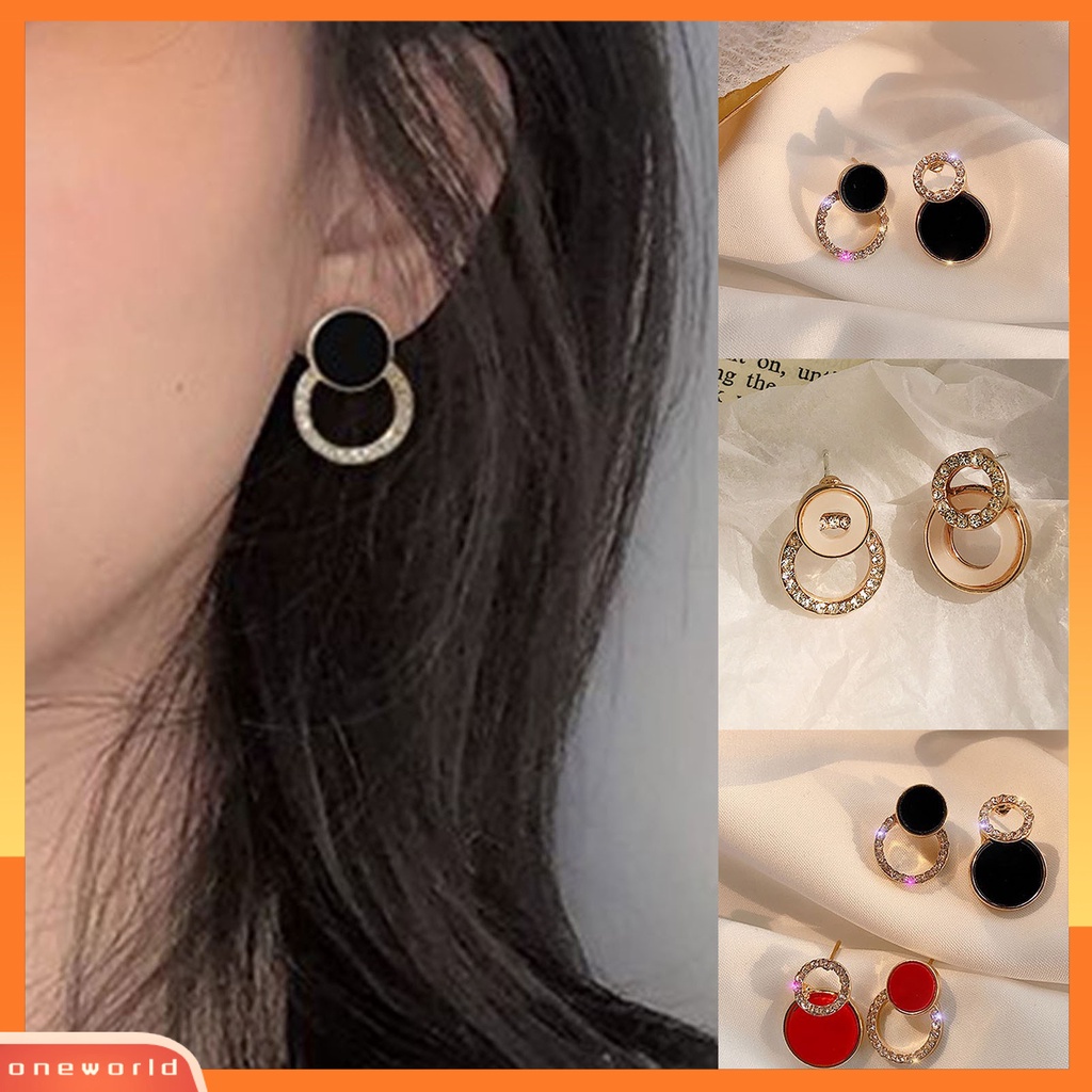 {oneworld} 1pasang Anting Lady Bulat Berlian Imitasi Asimetris Hollow Out Stud Earrings Untuk Hadiah