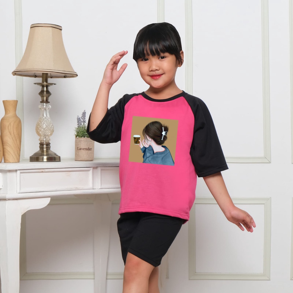 Hzl_outfit Baju Setelan Lengan 3/4 Lip Cream Implora Anak Perempuan (COD)