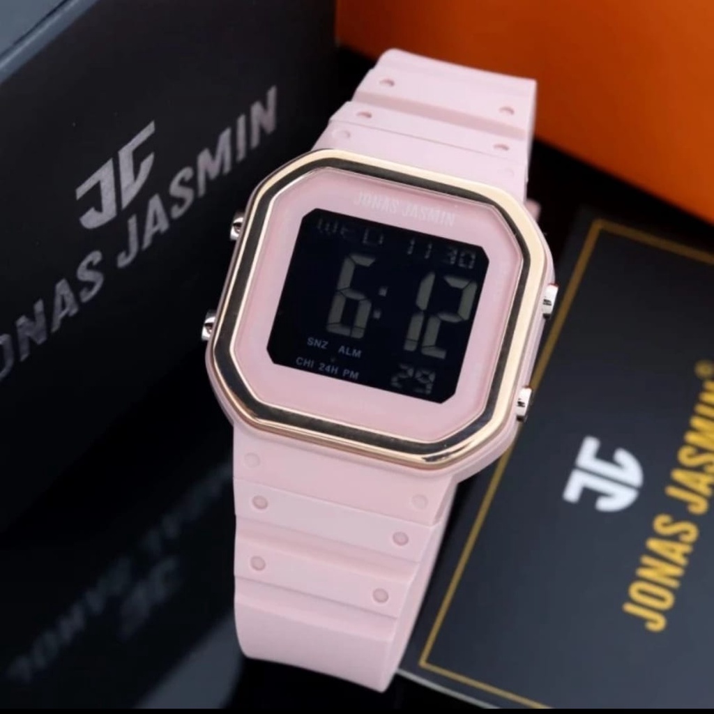 Jam Tangan Wanita Fashion Jonas Jasmin E3958T Tali Rubber Led Digital Tanggal Hari Aktif Free Box &amp; Baterai Cadangan