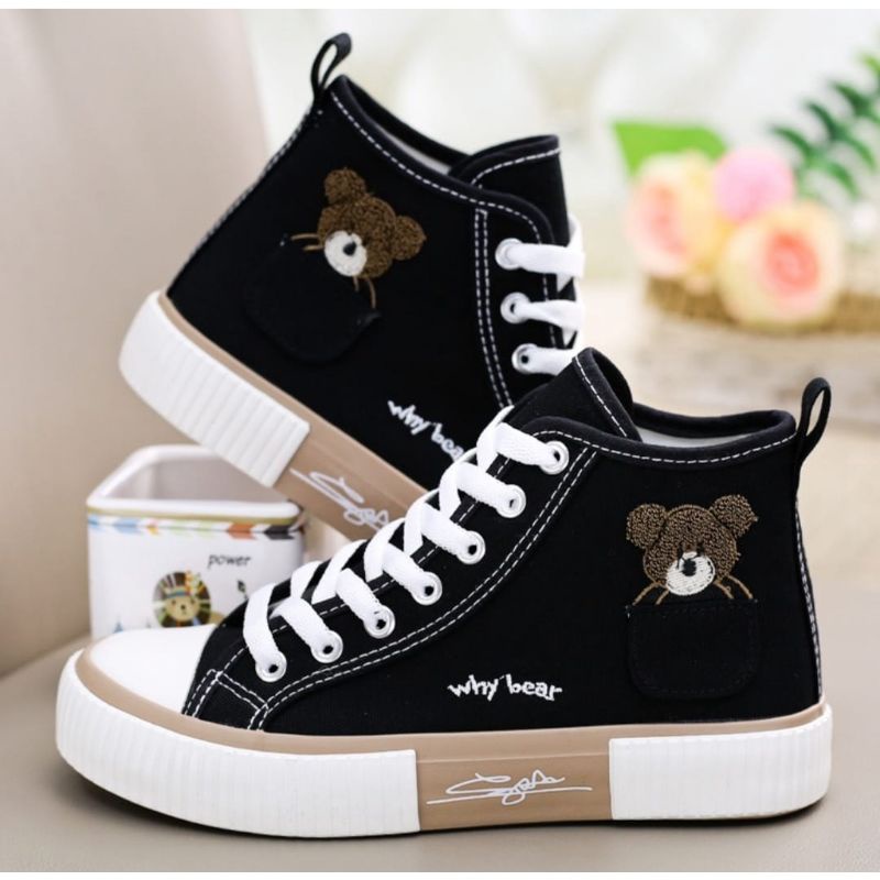 Sepatu Sneakers Kanvas Wanita Semi Boots Korean Syle Best Quality why Bear BR-02-Hitam Tali Putih