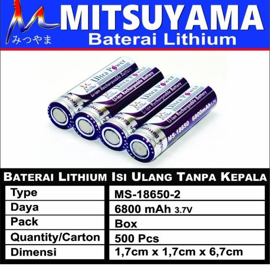 Flat Top Baterai 18650 Mitsuyama 6800mAh 3.7v kepala rata MS-18650-2