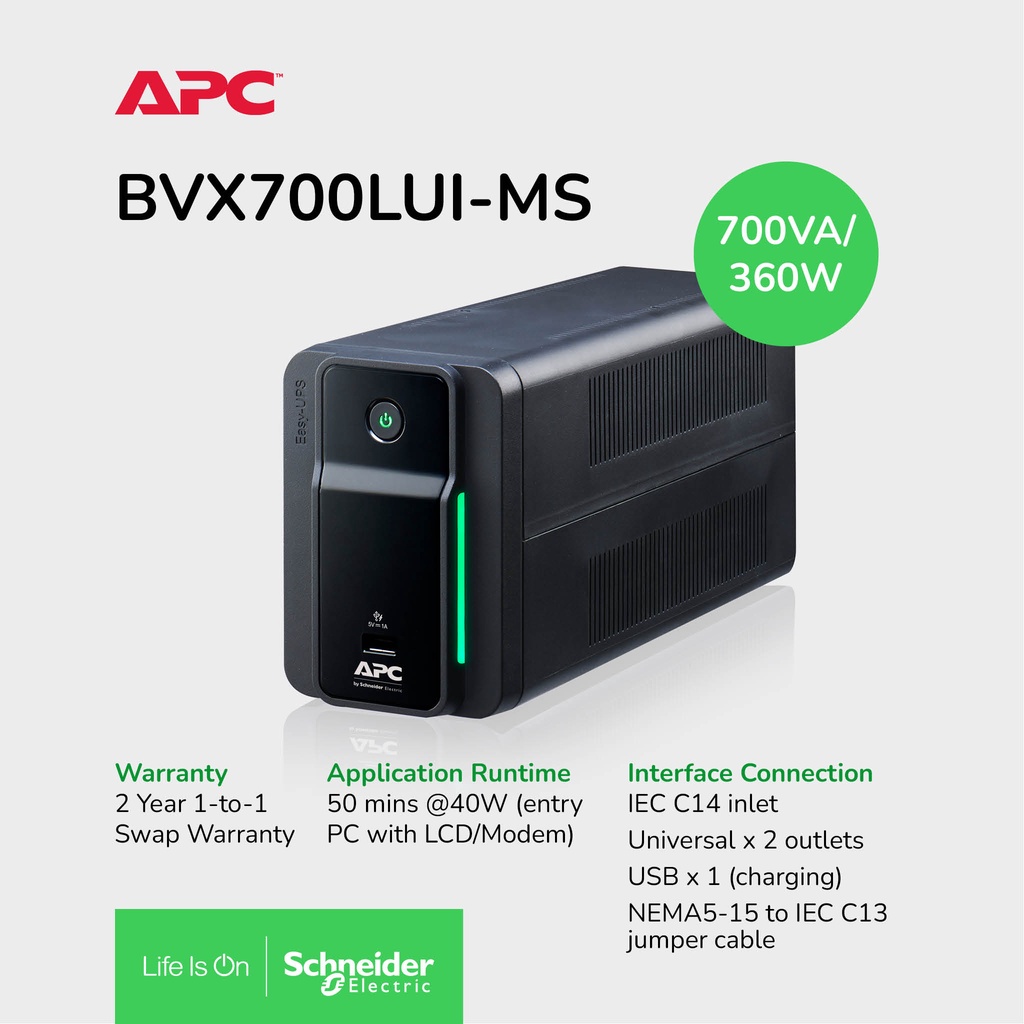 UPS APC Easy UPS BVX 700VA 360W USB Charging BVX700LUI-MS