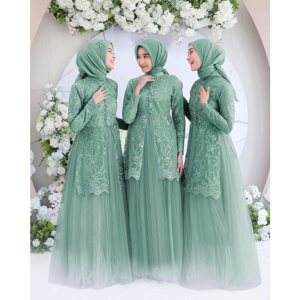 RABBANI Baju Gamis Brukat Tile Remaja Dewasa Seragam Pesta Wanita Muslim - Sage Green Hijau Sage Gam