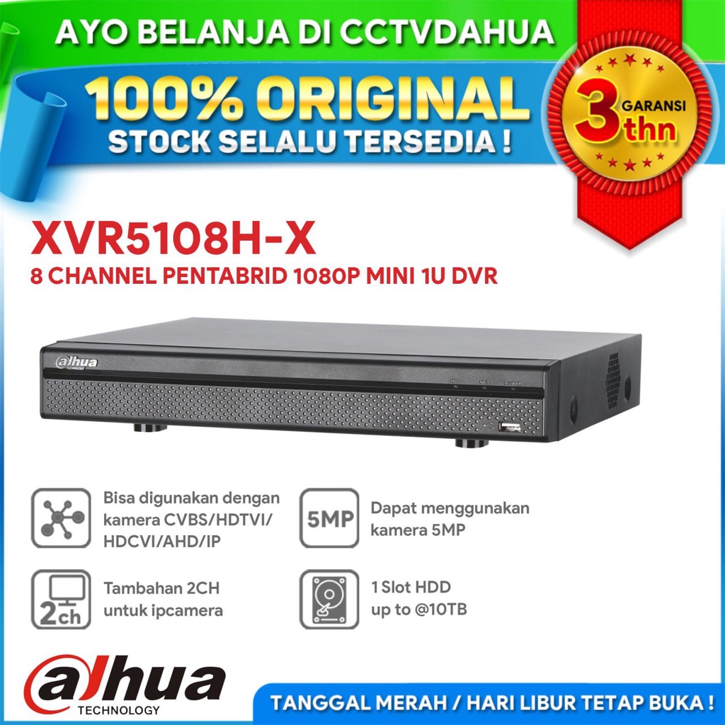 DAHUA XVR5108H-X DVR 8CH 1080P PENTABRID / GARANSI RESMI 3 TAHUN