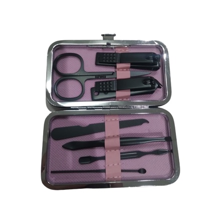 Gunting Kuku Set Stainless Steel Warna Hitam Manicure Pedicure Original Bayi Kucing Cantengan Miring Murah 7 in 1 Dompet Motif