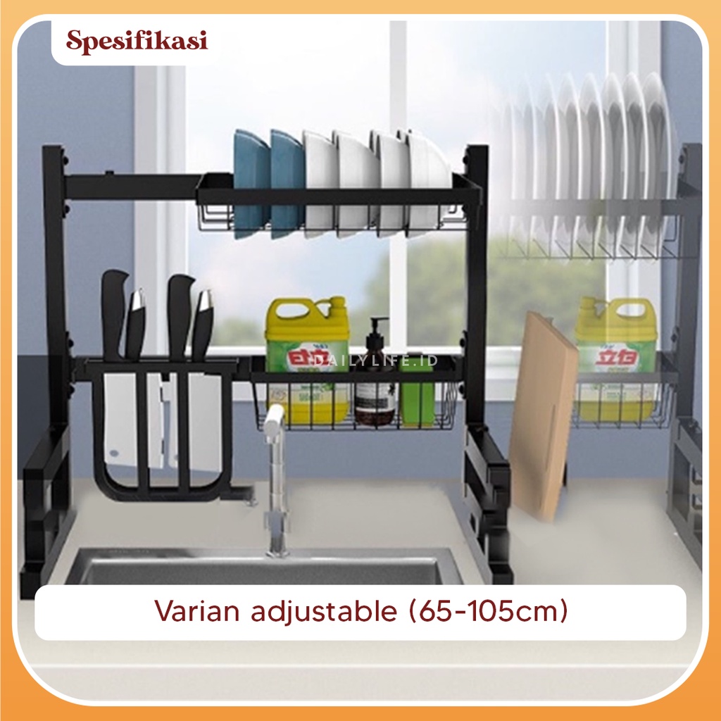 Rak Piring Wastafel Stainless Steel Hitam Peralatan Dapur Kokoh Kuat - ADJUSTABLE DISH RACK - Dailylife.id