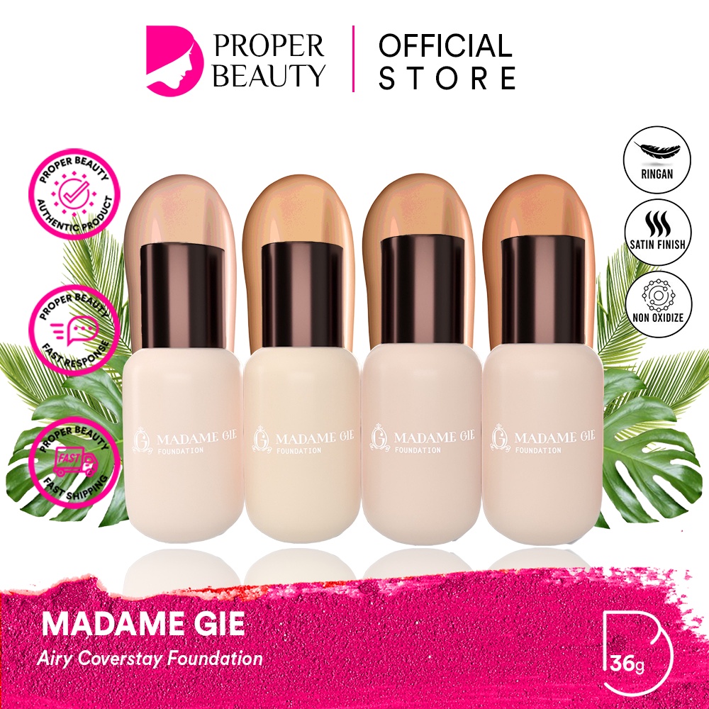 MADAME GIE Airy Coverstay Foundation Indonesia / High Coverage Longlasting 36g Oil Control Satin Smooth Non Cracky Stay Up To 12 H / Matte Light / Tahan Lama / Porcelain Light Medium Natural Tan Cover Stay Liquid Cosmetic Face Make Up Concealer Corrector