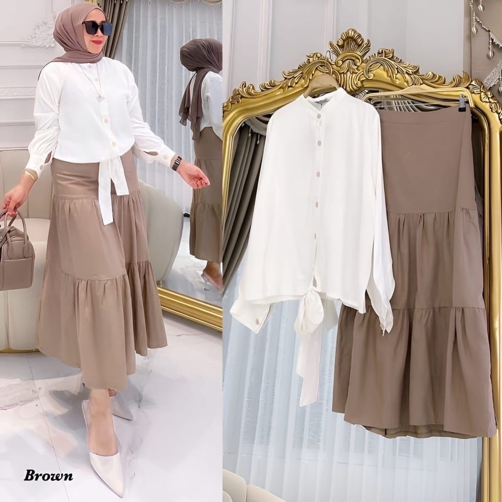 Setelan Wanita Terbaru One Set Crinkle Leoni Set Rok Panjang Fashion Muslim One Set Jumbo Baju Setelan Wanita Kekinian