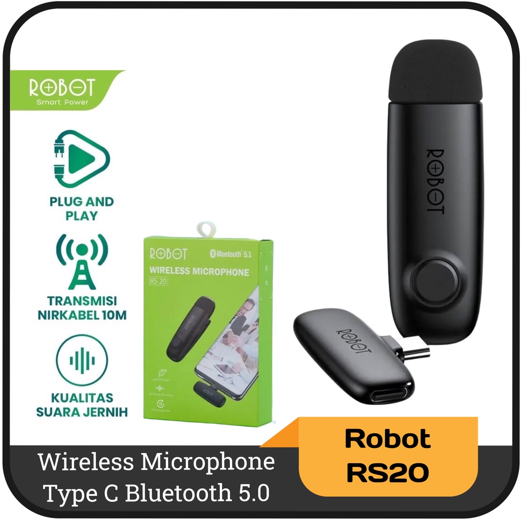 Microphone Wireless Connector Robot RS20 Black Type C Bluetooth 5.0