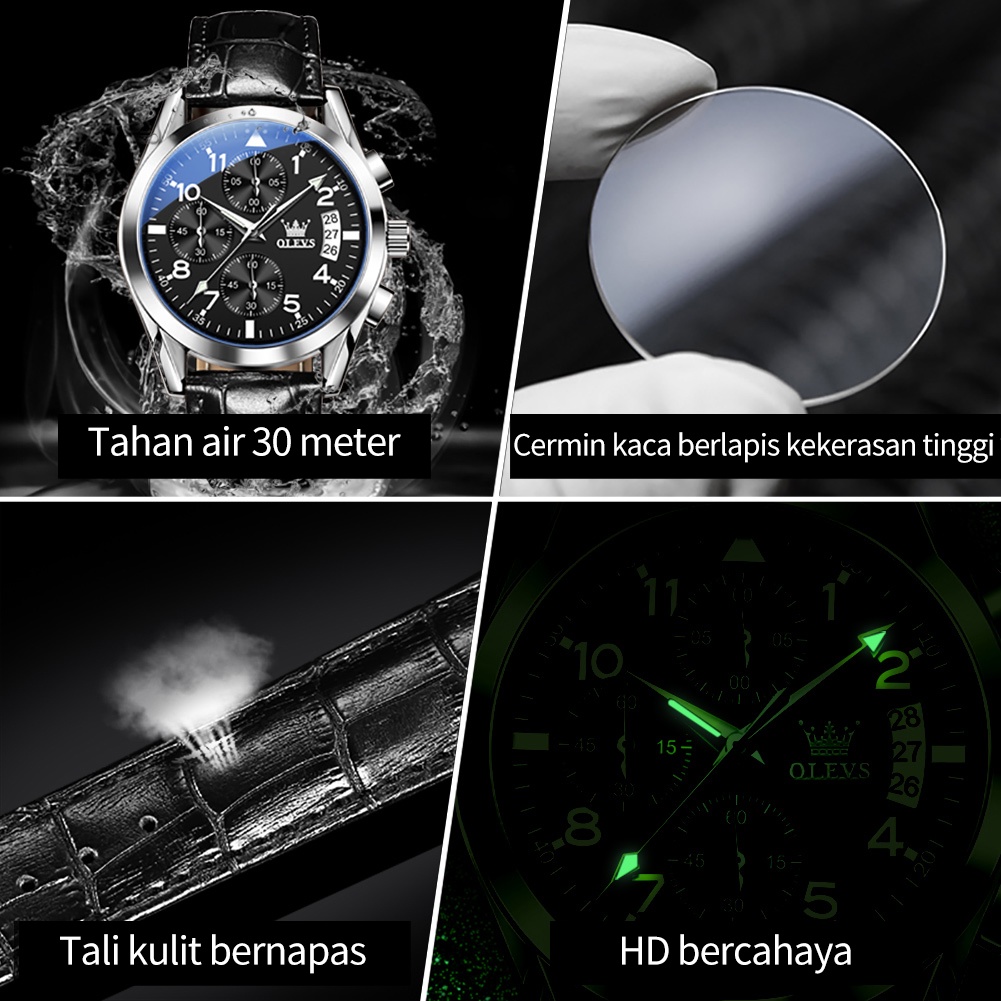 OLEVS Jam Tangan Pria Original Anti Air Kulit Tahan Keren Luminous Hitam Coklat Luxury Chronograph Watch Men Multifungsi