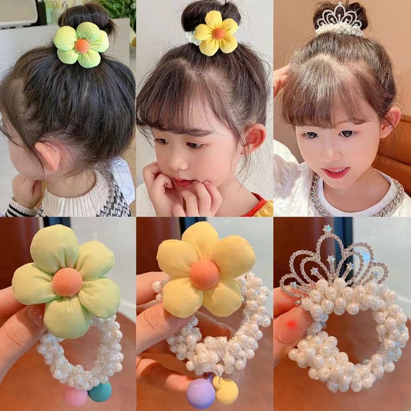 Ikat Rambut Anak Wanita Motif Mahkota Mutiara/Motif Bunga Mutiara Permata Gaya Korea Import