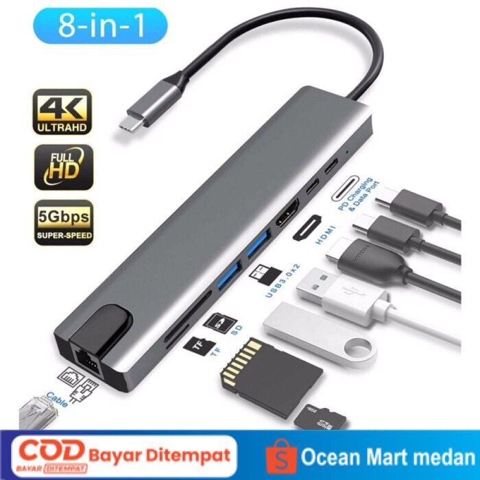 Converter HUB Kabel HDTV 8 IN 1 USB Type C To HDMI Adapter 4K VGA USB 3.0 Macbook Ipad Laptop