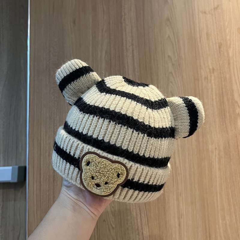 Topi kupluk anak unisex motif GARIS BEAR / kupluk bayi usia 6 bulan - 2 tahun import