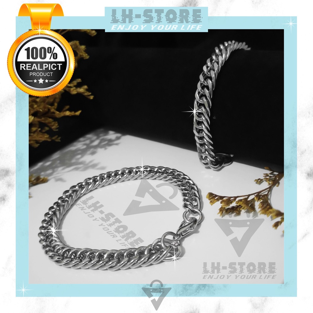 Gelang Tangan Pria Wanita Rantai Dauble Lebar 8mm Berlapis Perak Aesthetic Terbaru Anti karat