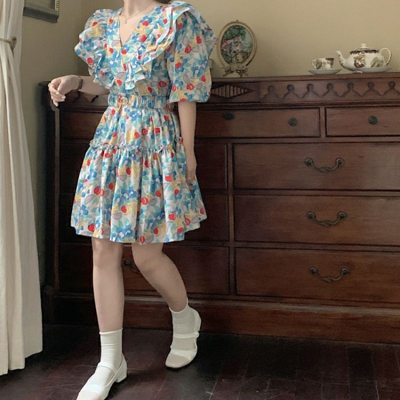 1664 Fashion baju mini dress lengan pendek balon motif bunga leher balon  kerah Vi Neck  mewah pesta