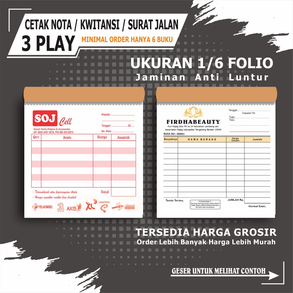 

Nota custom kwitansi 3 ply 1/6 folio buku nota penjualan surat jalan invoice kwitansi tanda terima