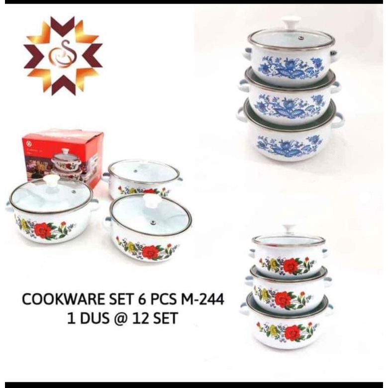 Cookware Set Tutup Kaca - Peralatan Masak Panci Set Motif Bunga Susun 3 - 6 PCS (3 Panci + 3 Tutup Panci) M-244 / BD004