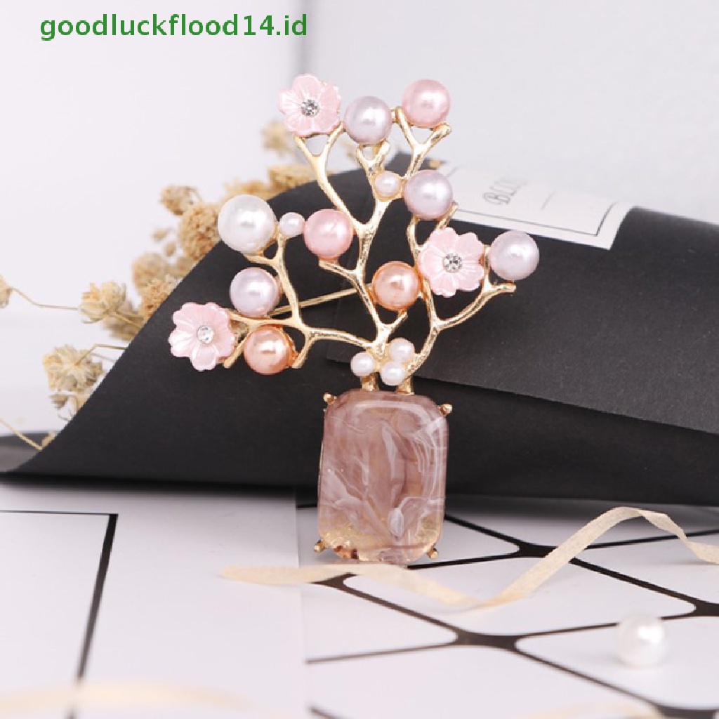 [GOOGFOUR] 1pc Bros Bunga Romantis Pink Plum Blossom Mutiara Batu Logam Jas Kerah Pin  [Atasan]