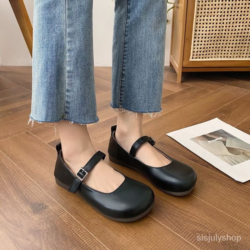 #Sisjuly# Sepatu kulit kecil hitam wanita hitam sepatu retro Prancis baru sepatu gaya perguruan ting