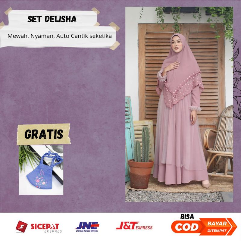 Gamis Delisha Set ceruty dengan khimar bordir manual premium