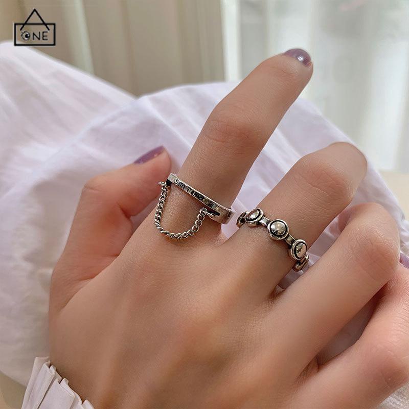 COD❤️7Pcs/Set Perhiasan Cincin Rantai Cinta Fashion Korea Vintage Adjustable Gaya Untuk Wanita-A.one