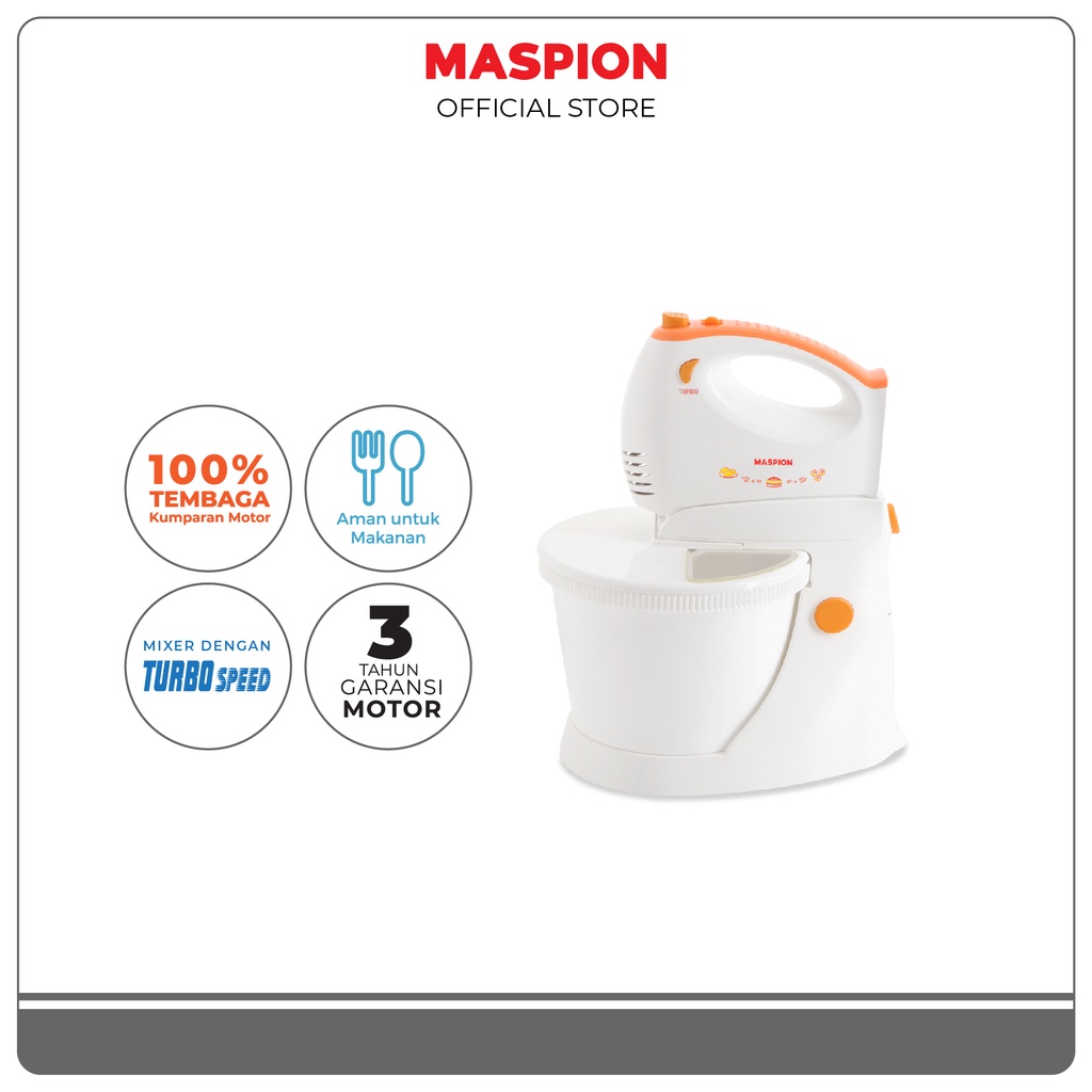 Maspion MT-1194 Stand Mixer Putih 200W, Kapasitas 1 Liter dengan 5 Kecepatan dan Aksesori Lengkap