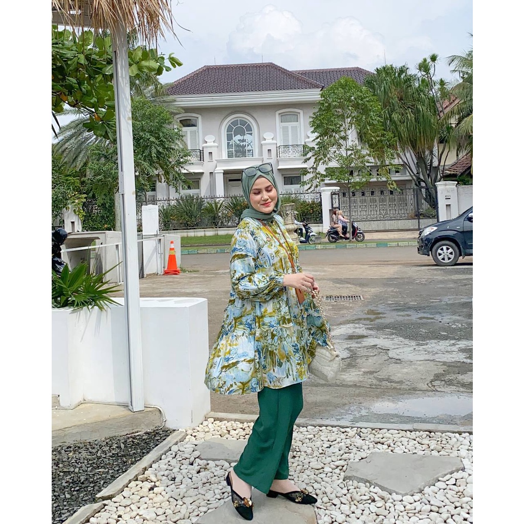 Ameena Set - One Set Wanita Rayon Premium Setelan Baju Ruffle Lengan Panjang Set Celana Kulot Panjang Kekinian LD 110 cm