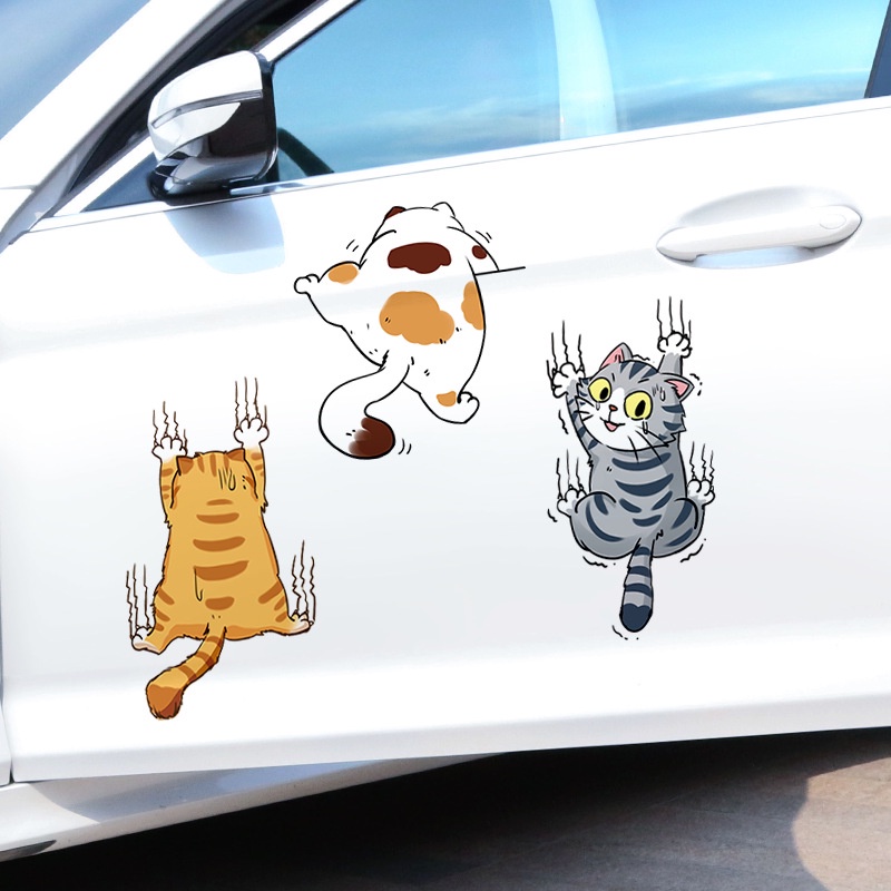 Body Mobil Kreatif Decals Laptop Botol Air Mobil Dekorasi Kucing Lucu Scratch Cover Car Decals Bumper Decal Tiga Kucing Panjat Hewan Styling Stiker Kartun Kucing Stiker