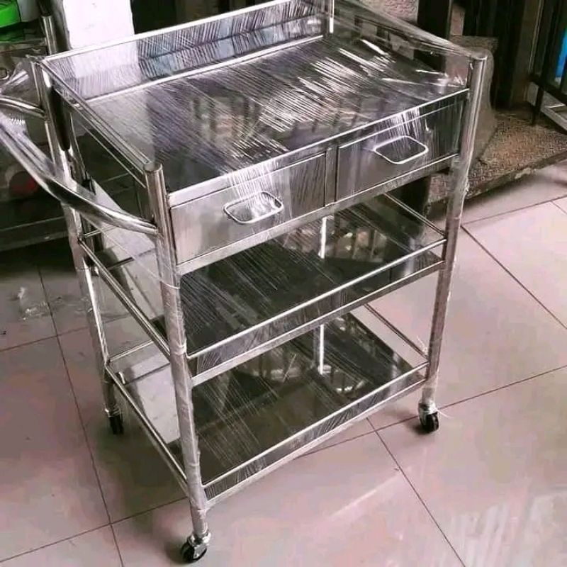 meja instrumen 3 susun 2 laci stainless steel