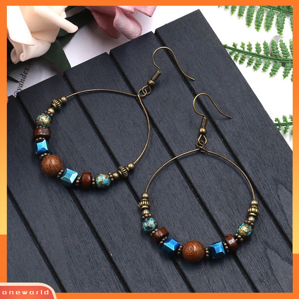 {oneworld} Bohemian Lingkaran Besar Manik-Manik Kayu Kait Anting Wanita Etnik Perhiasan Imitasi Pirus